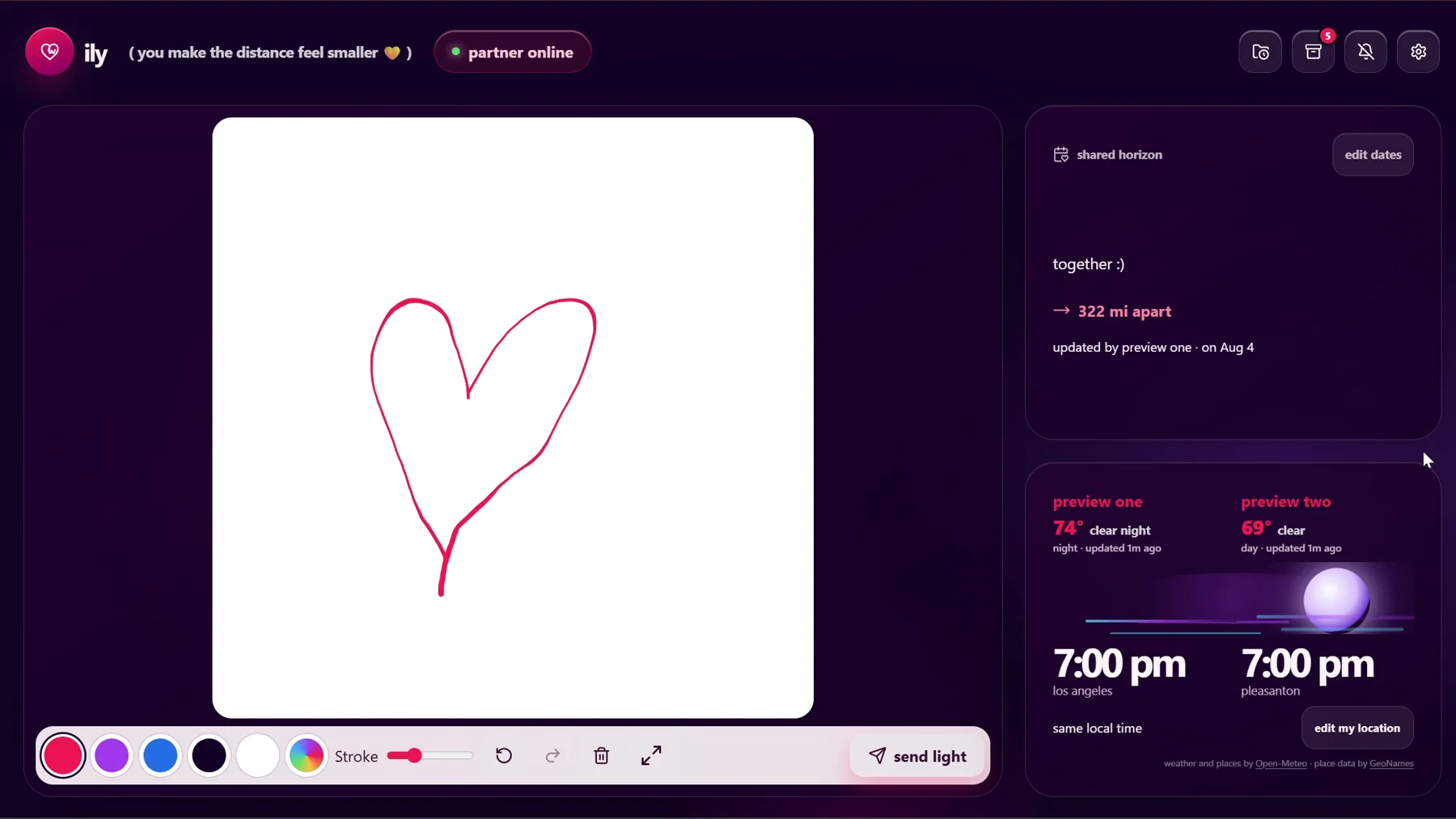 ILY drawing canvas with a heart, partner-online status, and both local times visible